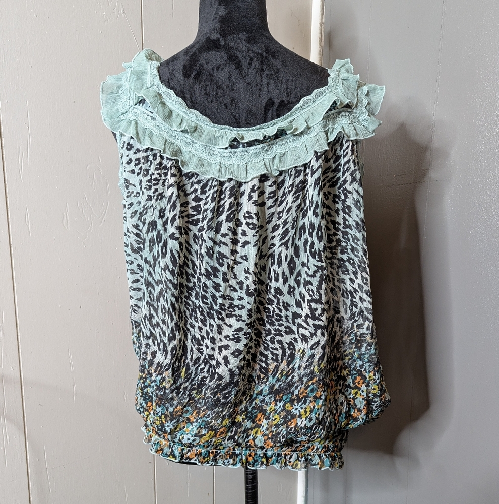 Mint Ruffle Animal Print Blouse - Picture 3 of 6